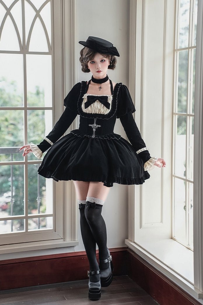 Lolita Square Neck Boned Waist Velvet OP Dress LE1190 - LolitaEraFour - piece short OP setSLolita Square Neck Boned Waist Velvet OP Dress LE1190