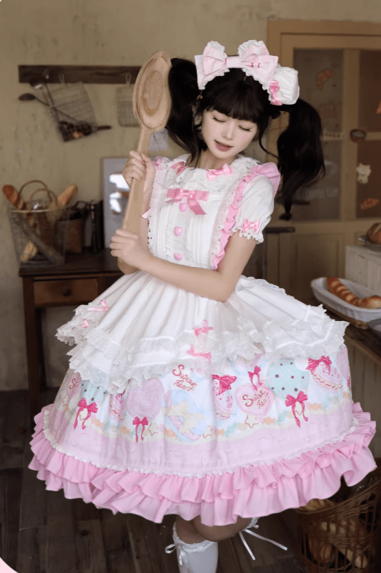 Lolita Sweet Macaron JSK Pink Dress LE1170 - LolitaEraJSK+ApronSLolita Sweet Macaron JSK Pink Dress LE1170