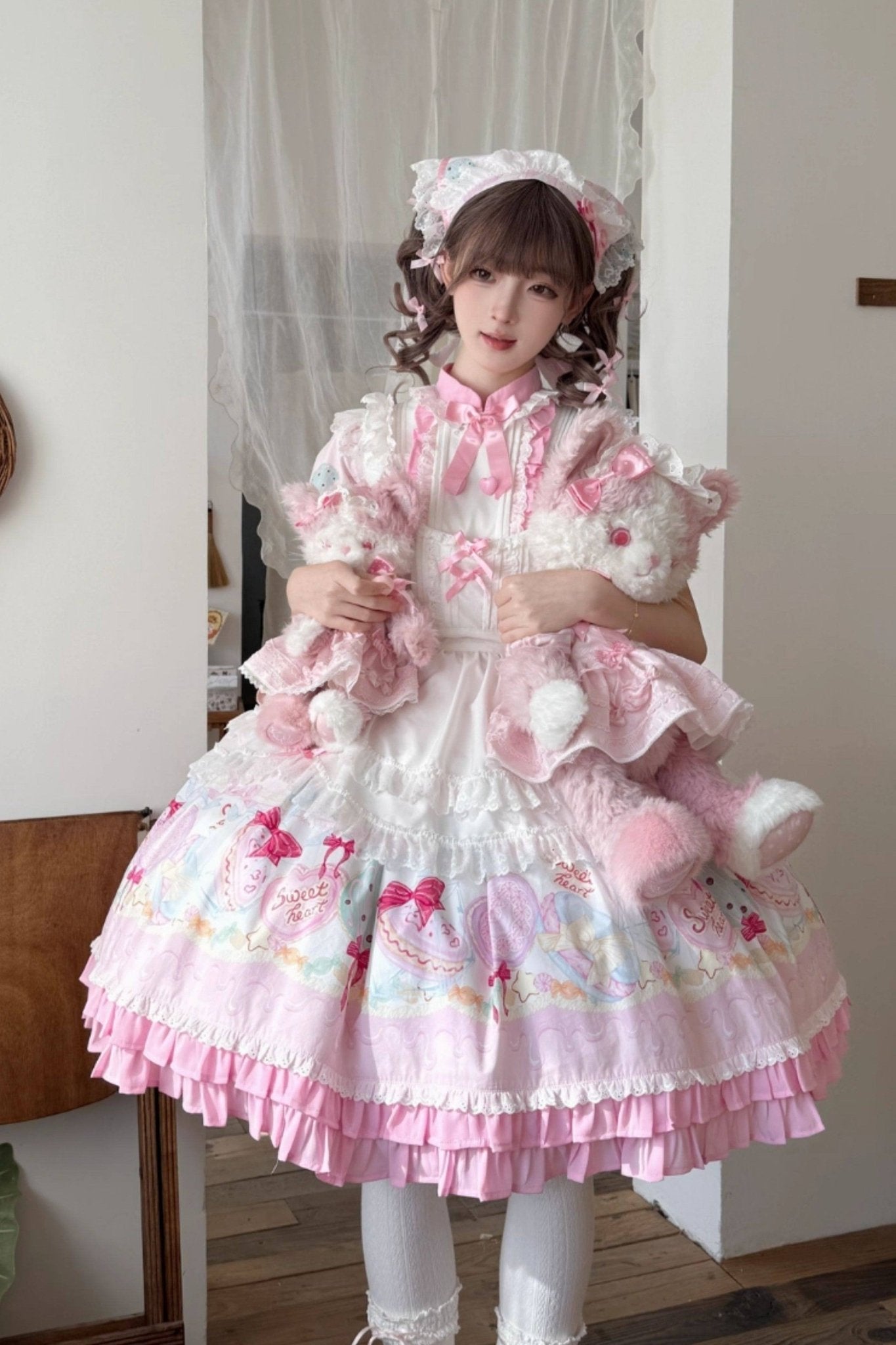 Lolita Sweet Macaron OP Pink Dress LE1169 - LolitaEraPink OP+ApronXSLolita Sweet Macaron OP Pink Dress LE1169