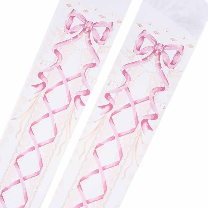 Lolita Sweet Printed Bow and Ribbon Pattern 120D Tights - LolitaEraPinkOne sizeLolita Sweet Printed Bow and Ribbon Pattern 120D Tights