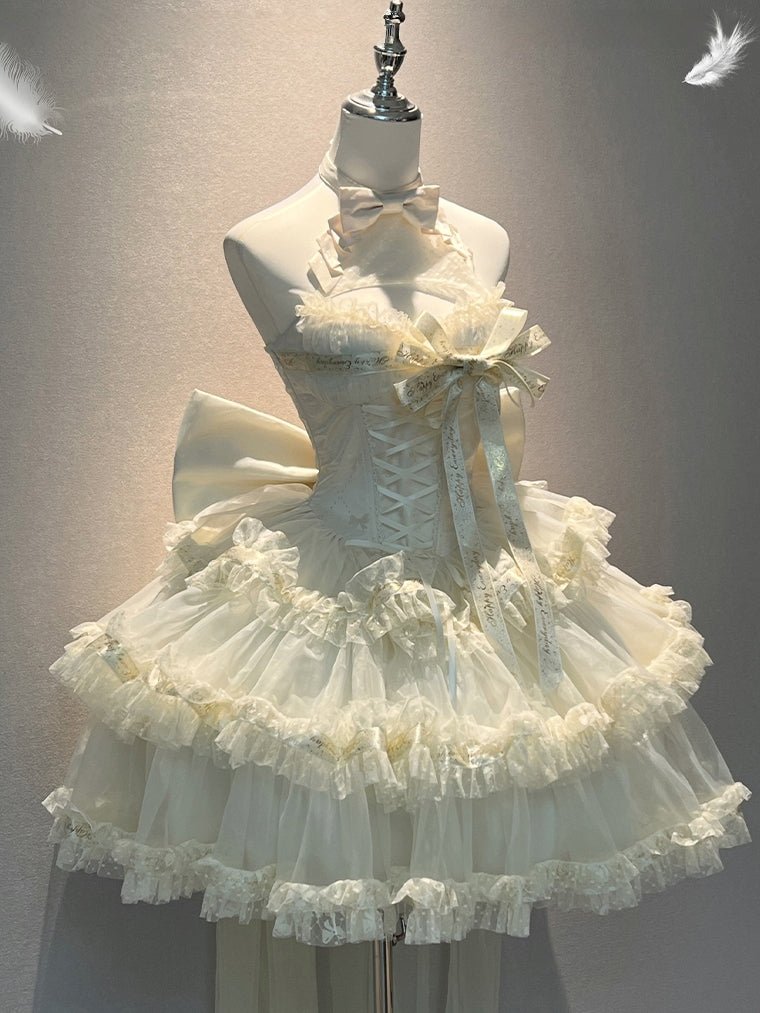 Lolita Sweet Ribbon Halter Neck Dress - LolitaEraWhite DressSLolita Sweet Ribbon Halter Neck Dress