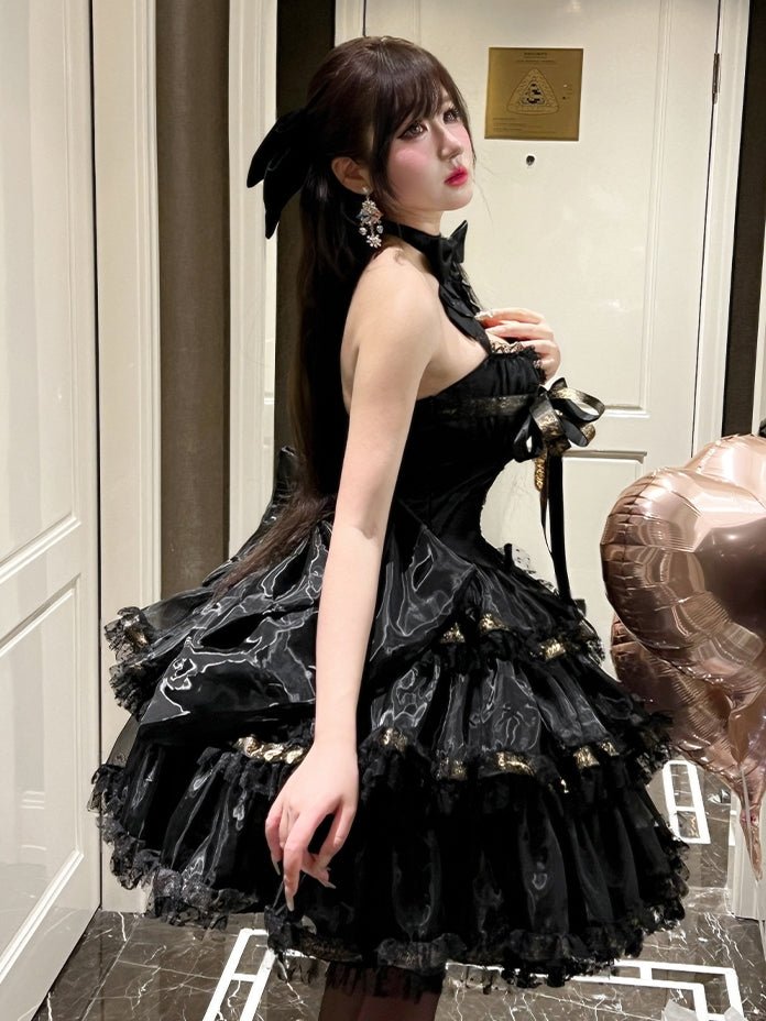 Lolita Sweet Ribbon Halter Neck Dress - LolitaEraBlack Dress+BowSLolita Sweet Ribbon Halter Neck Dress