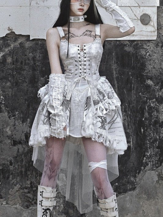Lolita White Tie - Dye Punk Suspender Dress - LolitaEra4 - Piece SetSLolita White Tie - Dye Punk Suspender Dress