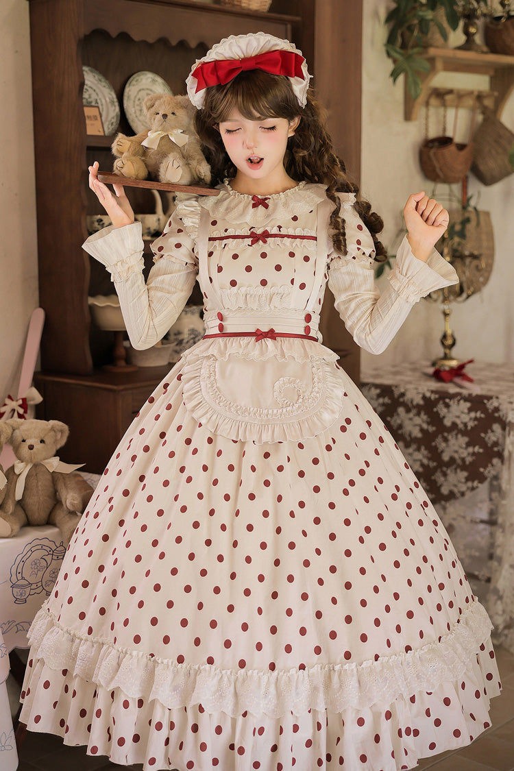 Lollipop Apricot Cotton Polka Dot Lantern Sleeve Sweet Lolita OP Dress - LolitaEra