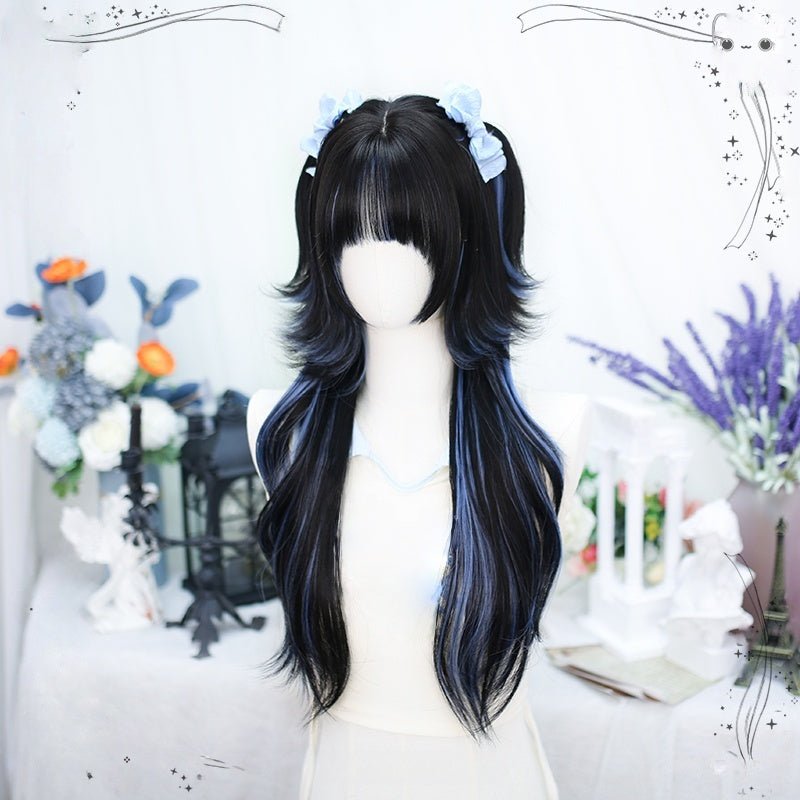 Long Black Curly Y2K Wig with Blue Highlights - LolitaEra