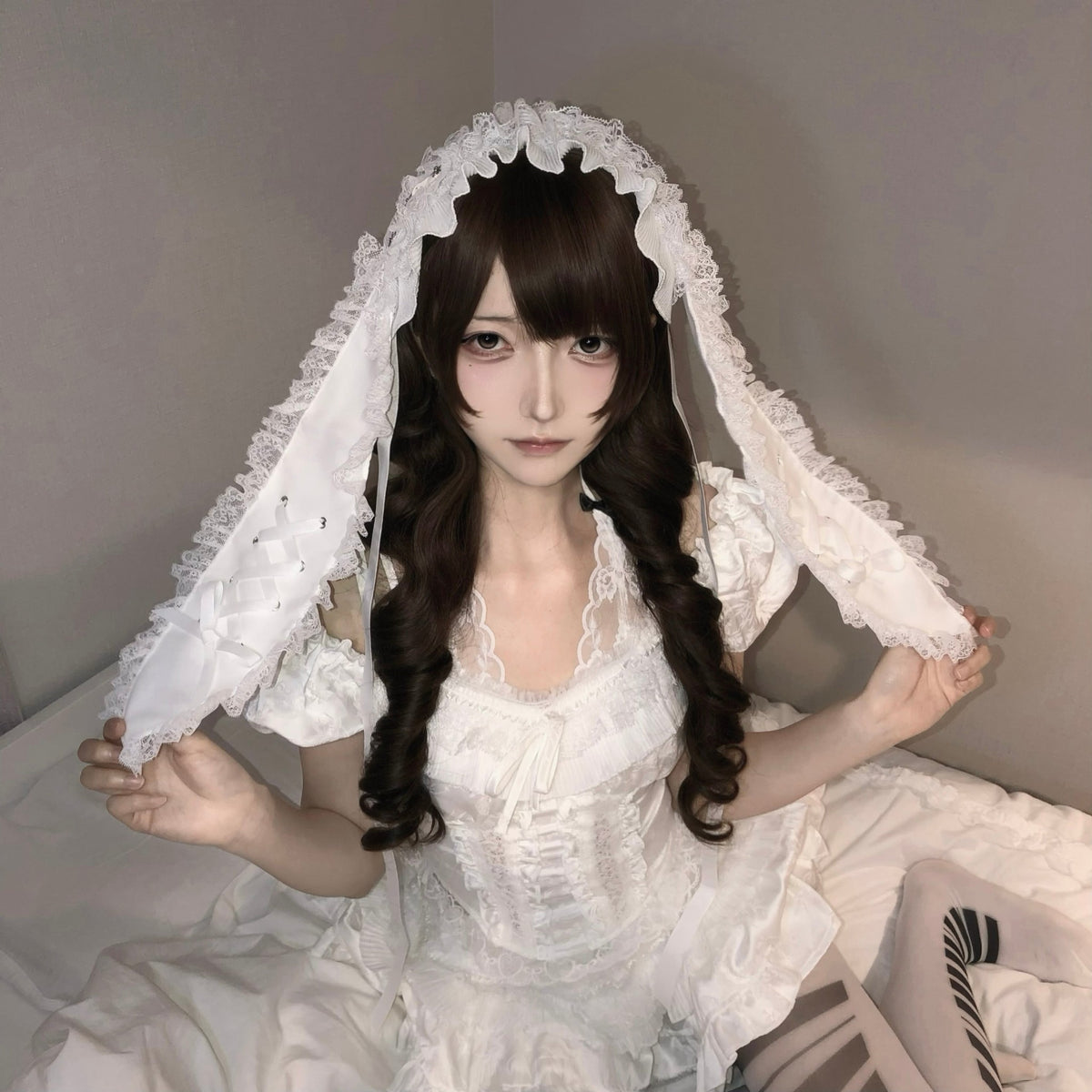 Long Ear Bunny Doll Lace Gothic Lolita Headband with Paw Heart Hair Clip - LolitaEra