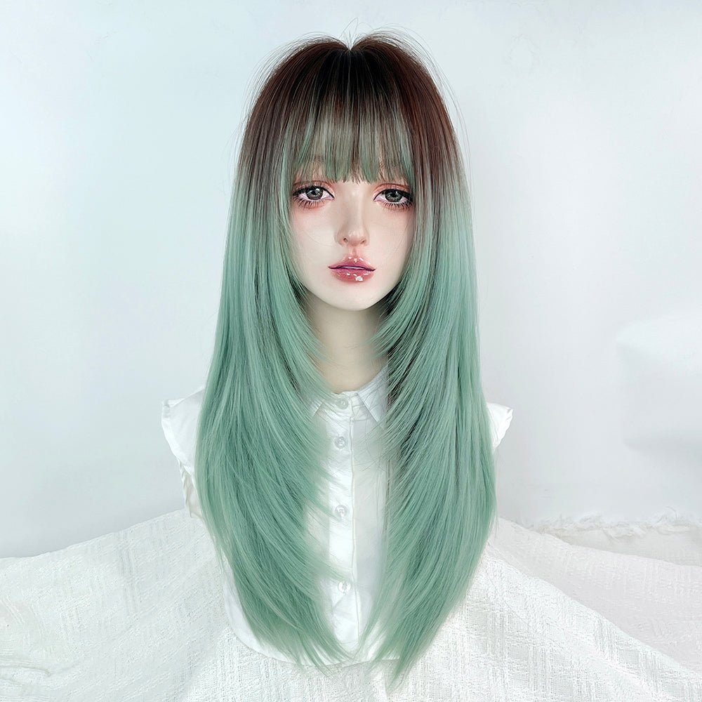 Long Straight Green to Brown Mixed Color Wig - LolitaEra