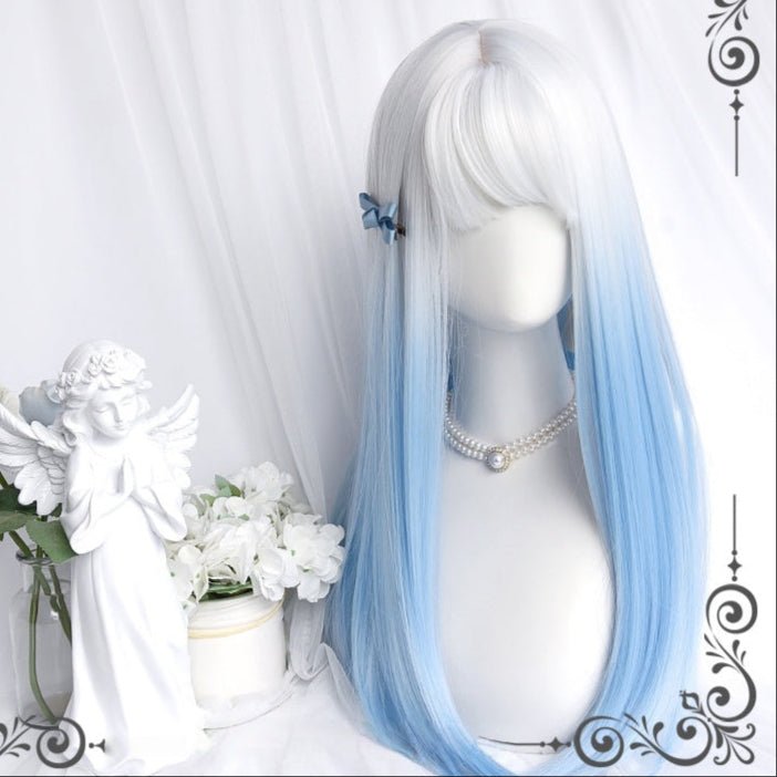 Long White Blue Mixed Color Wavy Wig - LolitaEra
