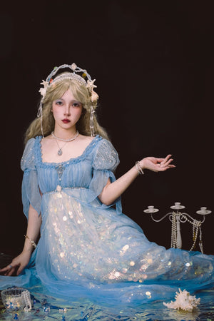 Mermaid Ode Empire Waist Blue Gown - LolitaEraBlue (Short Length)SMermaid Ode Empire Waist Blue Gown