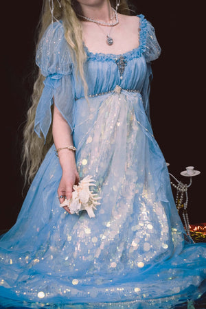 Mermaid Ode Empire Waist Blue Gown - LolitaEraBlue (Short Length)SMermaid Ode Empire Waist Blue Gown