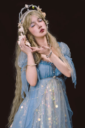 Mermaid Ode Empire Waist Blue Gown - LolitaEraBlue (Short Length)SMermaid Ode Empire Waist Blue Gown