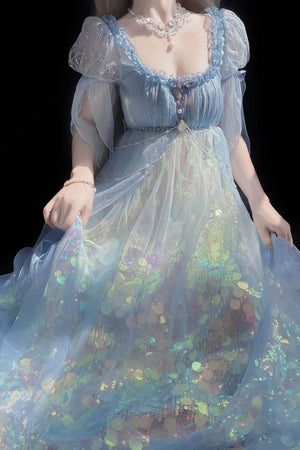 Mermaid Ode Empire Waist Blue Gown - LolitaEraBlue (Short Length)SMermaid Ode Empire Waist Blue Gown