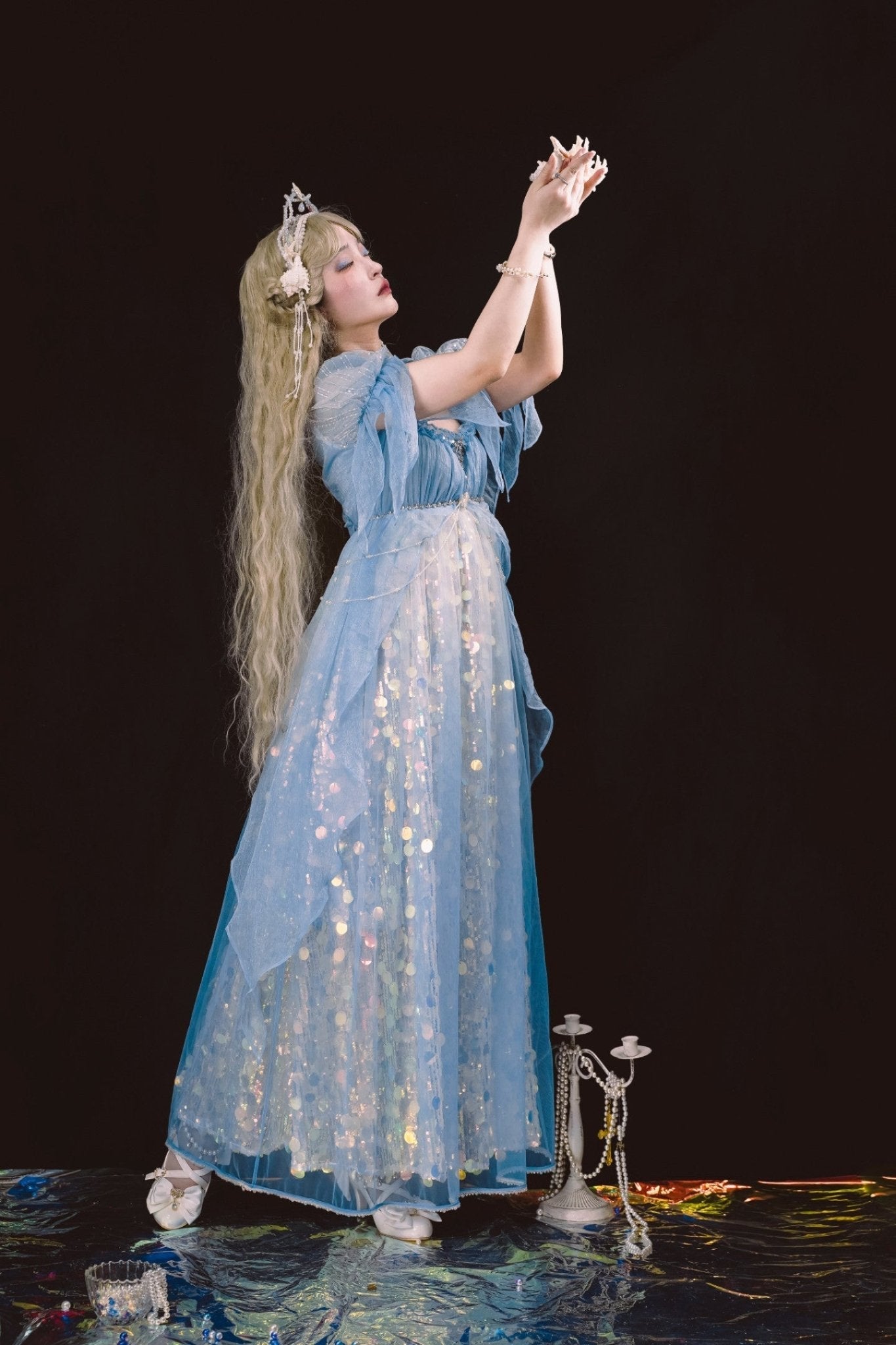 Mermaid Ode Empire Waist Blue Gown - LolitaEraBlue (Short Length)SMermaid Ode Empire Waist Blue Gown