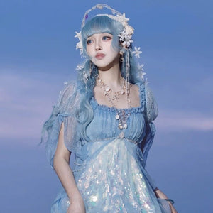 Mermaid Ode Empire Waist Blue Gown - LolitaEraBlue (Short Length)SMermaid Ode Empire Waist Blue Gown