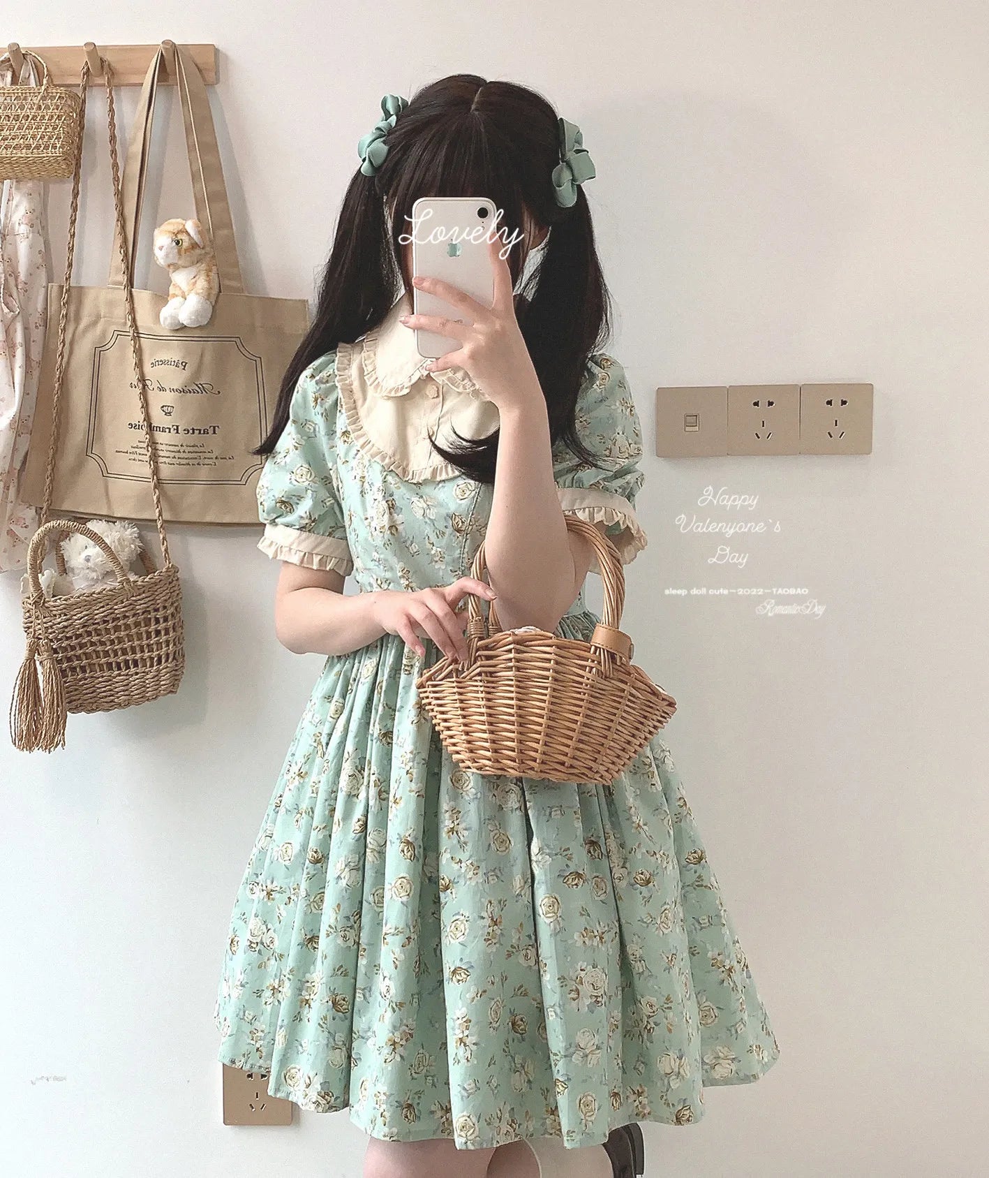 *sleepingdoll handmade* Kingfisher Garden Mint Rose Print Cotton Dress and Skirt Series