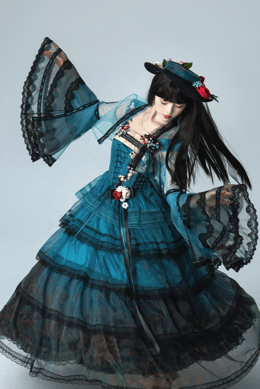 Misty New Dawn Peacock Blue Classic Lolita Long JSK Tea Party Set - LolitaEra