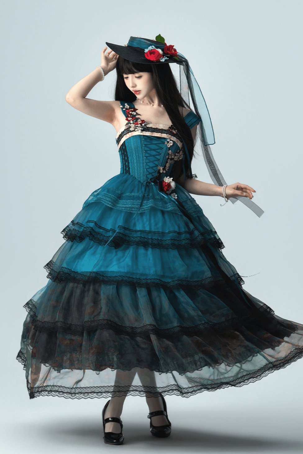 Misty New Dawn Peacock Blue Classic Lolita Long JSK Tea Party Set - LolitaEra