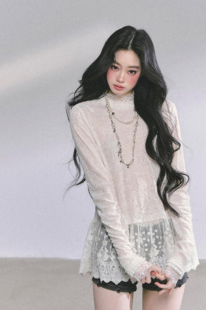 Mock Neck Hollow - out Long Sleeve Lightweight Top LE1172 - LolitaEraTopSMock Neck Hollow - out Long Sleeve Lightweight Top LE1172