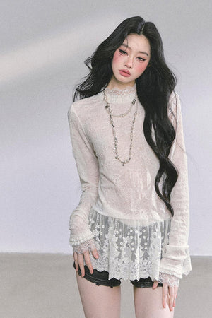 Mock Neck Hollow - out Long Sleeve Lightweight Top LE1172 - LolitaEraTopSMock Neck Hollow - out Long Sleeve Lightweight Top LE1172