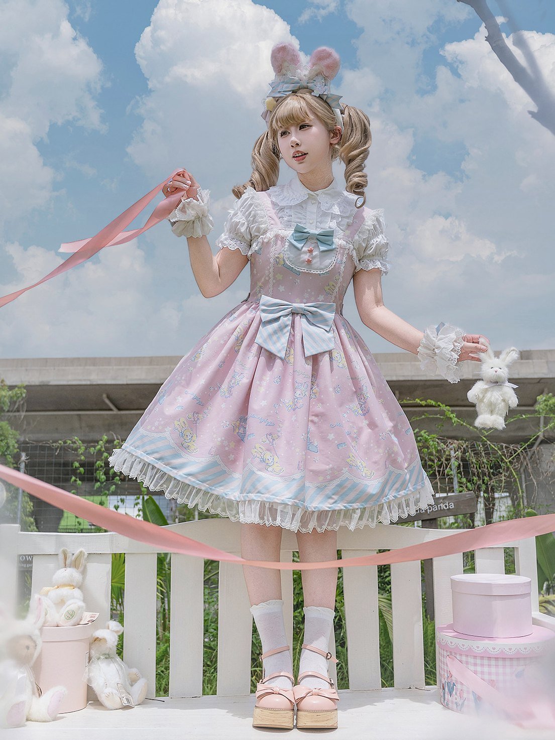 MOMO Co - branded Star Gummy Kawaii Pink Lolita Dress - LolitaEraPink JSK+ApronSMOMO Co - branded Star Gummy Kawaii Pink Lolita Dress