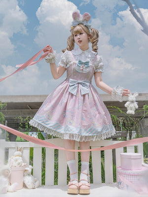 MOMO Co - branded Star Gummy Kawaii Pink Lolita Dress - LolitaEraPink JSK+ApronSMOMO Co - branded Star Gummy Kawaii Pink Lolita Dress