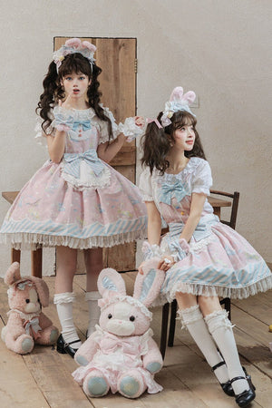 MOMO Co - branded Star Gummy Kawaii Pink Lolita Dress - LolitaEraPink JSK+ApronSMOMO Co - branded Star Gummy Kawaii Pink Lolita Dress