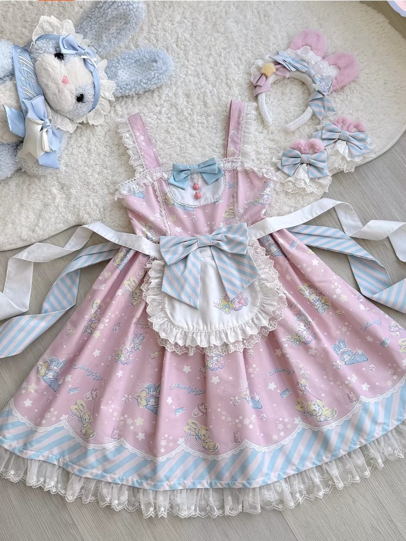 MOMO Co - branded Star Gummy Kawaii Pink Lolita Dress - LolitaEraPink JSK+ApronSMOMO Co - branded Star Gummy Kawaii Pink Lolita Dress