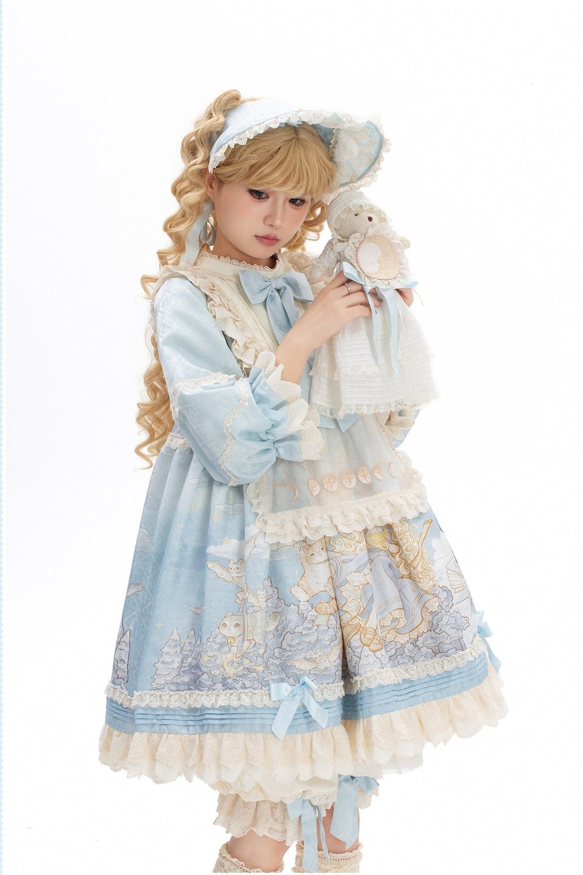 Moon Witch and Cat Storybook Print Doll-Style Lolita OP Dress - LolitaEra