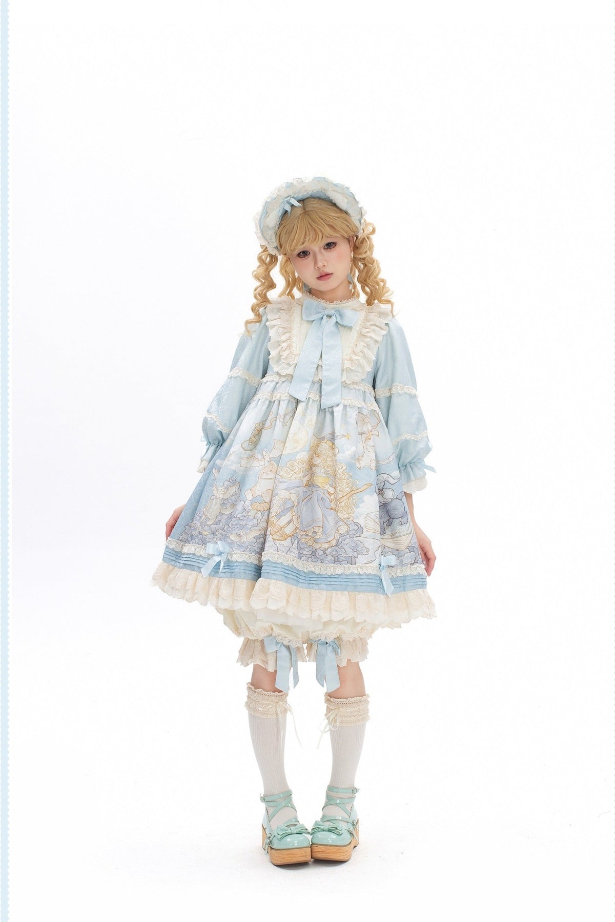 Moon Witch and Cat Storybook Print Doll-Style Lolita OP Dress - LolitaEra
