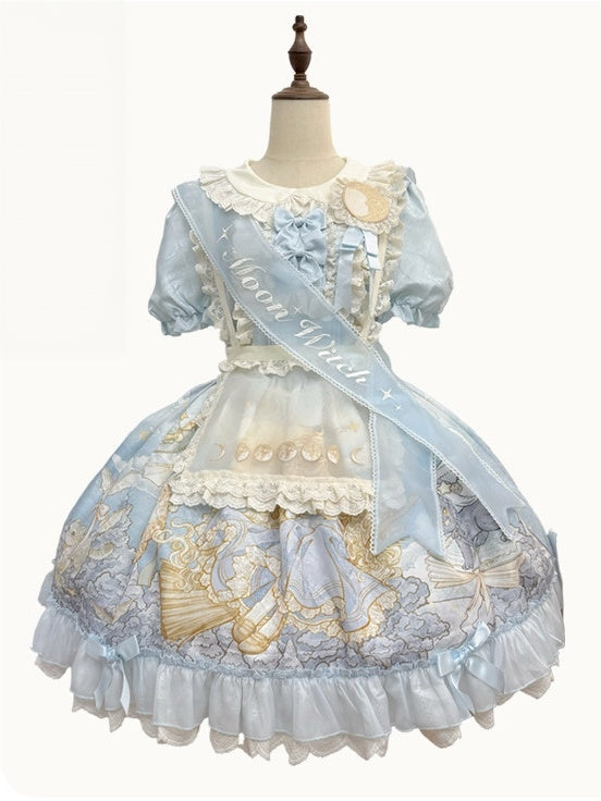 Moon Witch and Cat Storybook Print Doll-Style Lolita OP Dress - LolitaEra