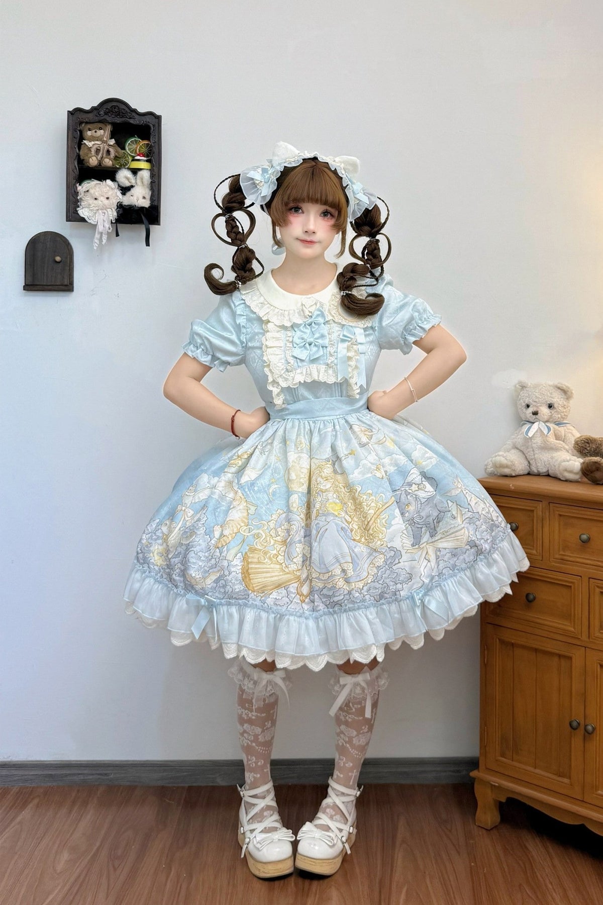 Moon Witch and Cat Storybook Print Doll-Style Lolita OP Dress - LolitaEra