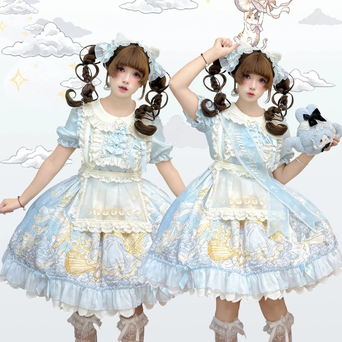 Moon Witch and Cat Storybook Print Doll-Style Lolita OP Dress - LolitaEra