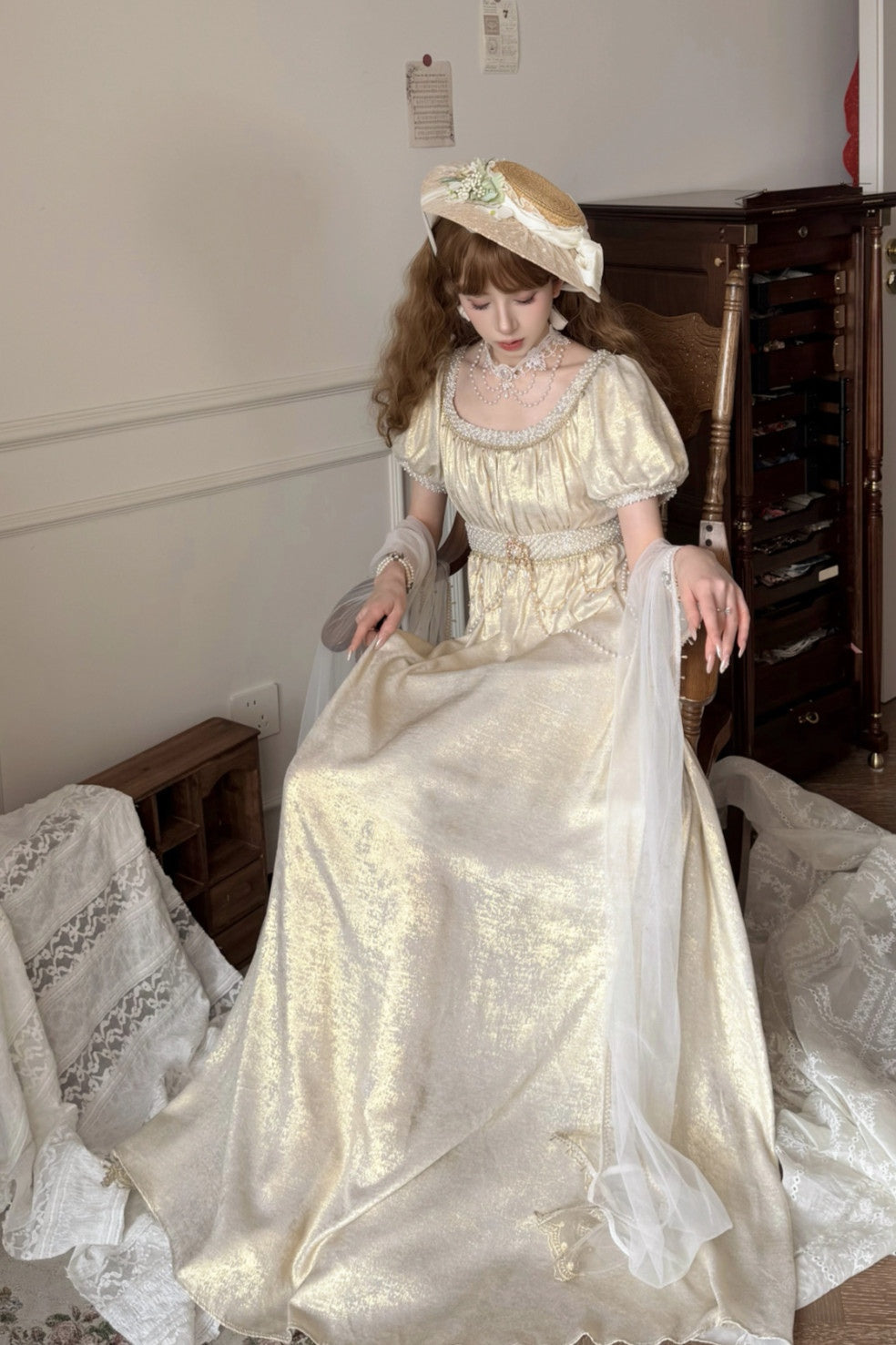 Moonlight Amber Champagne Blue French Regency Empire Waist Lolita OP Dress - LolitaEra