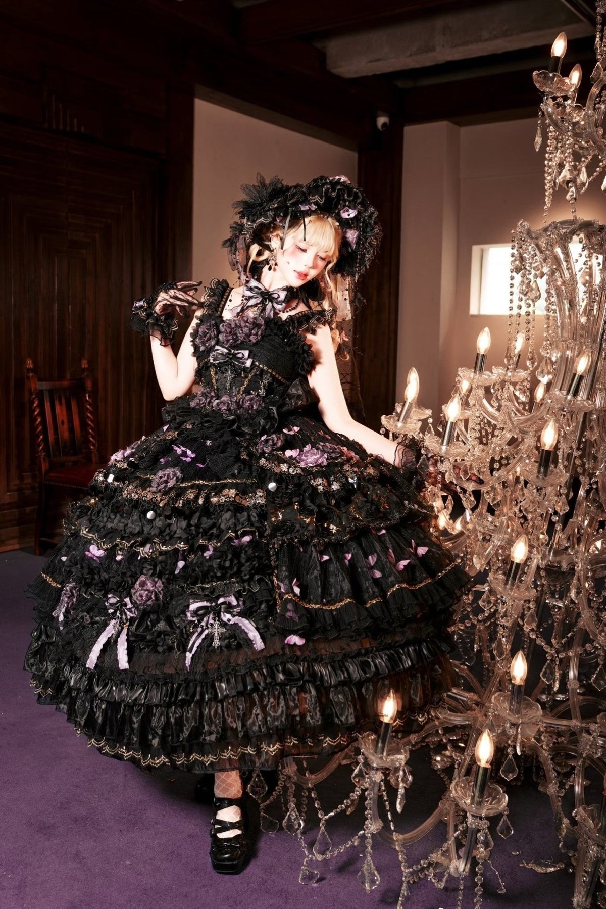 Moonlit Butterfly Dance Black Tiered Gothic Lolita JSK Dress Set - LolitaEra