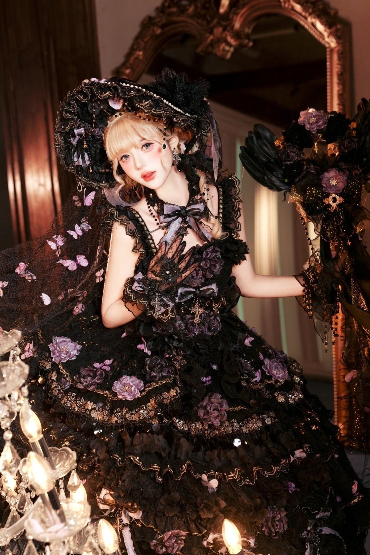 Moonlit Butterfly Dance Black Tiered Gothic Lolita JSK Dress Set - LolitaEra