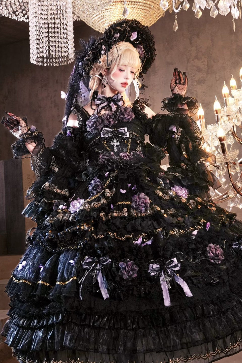 Moonlit Butterfly Dance Black Tiered Gothic Lolita JSK Dress Set - LolitaEra
