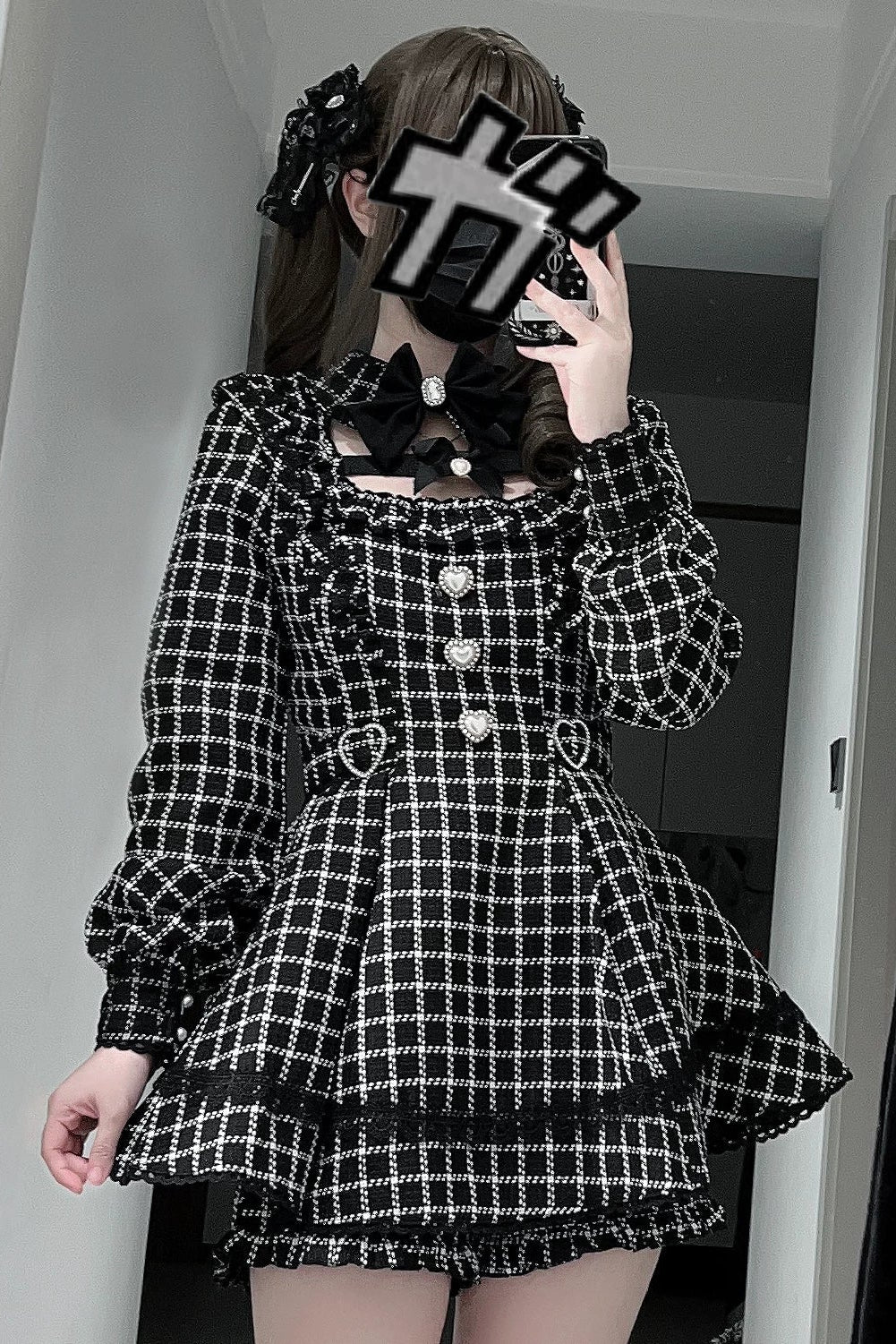 Night Dream Black Houndstooth Plaid Lolita Jirai Kei Dress Set - LolitaEra