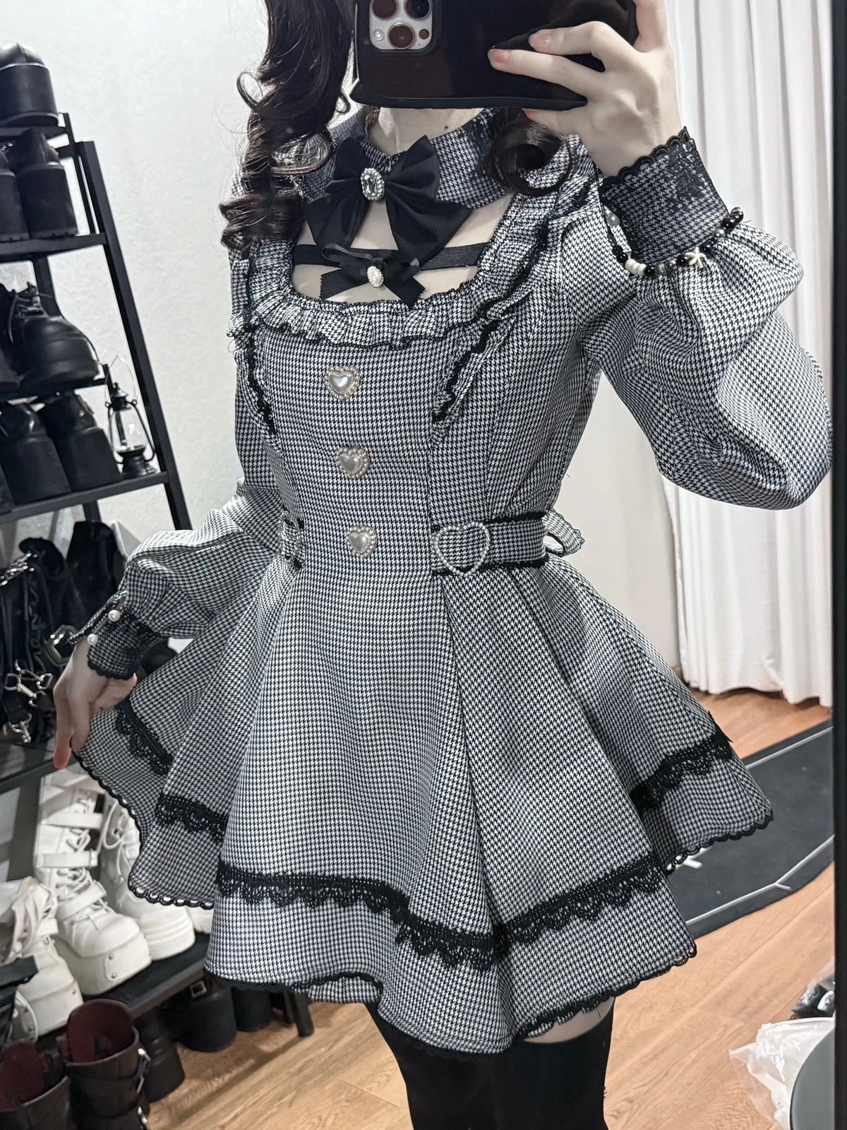 Night Dream Black Houndstooth Plaid Lolita Jirai Kei Dress Set - LolitaEra