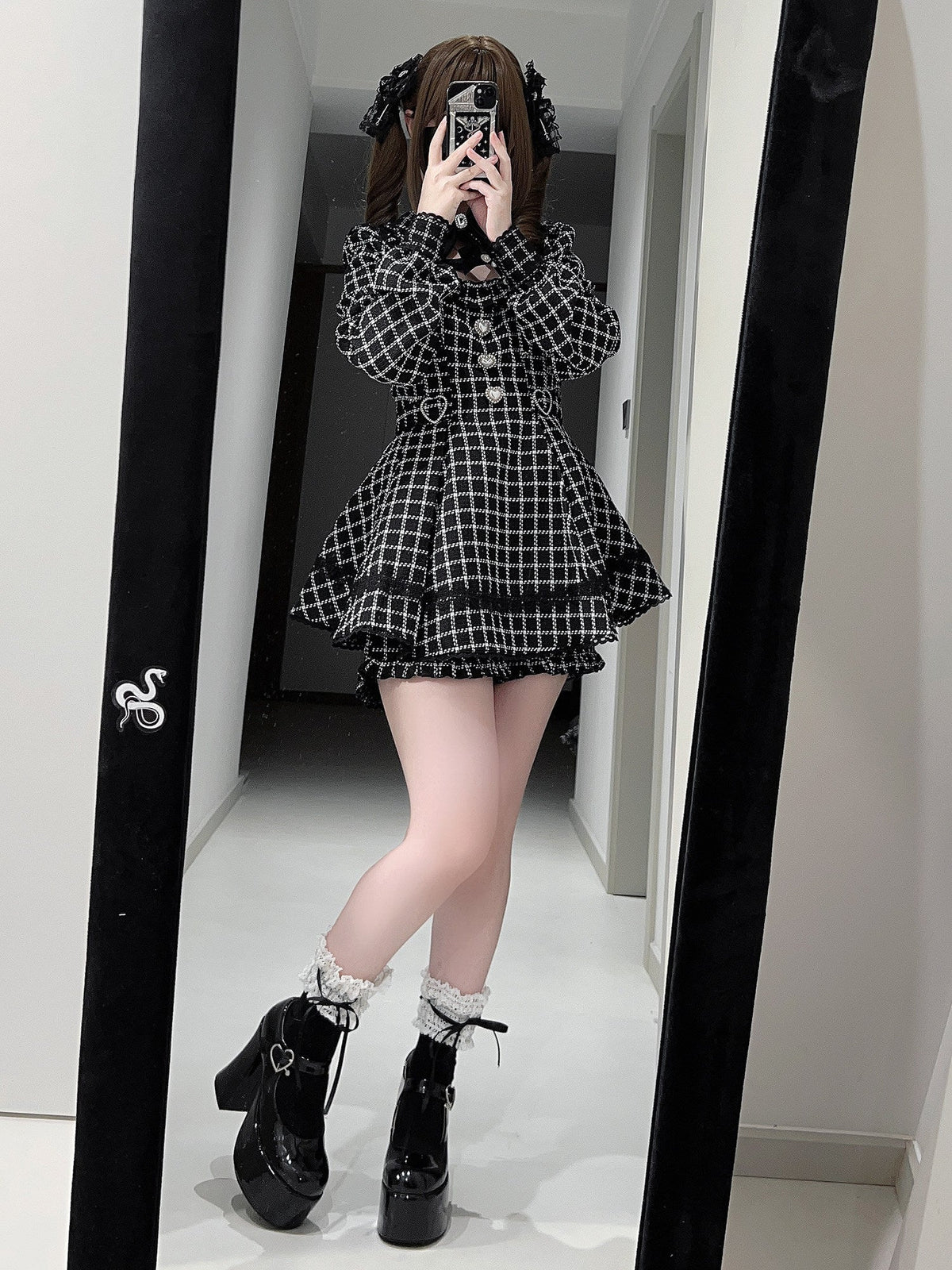 Night Dream Black Houndstooth Plaid Lolita Jirai Kei Dress Set - LolitaEra