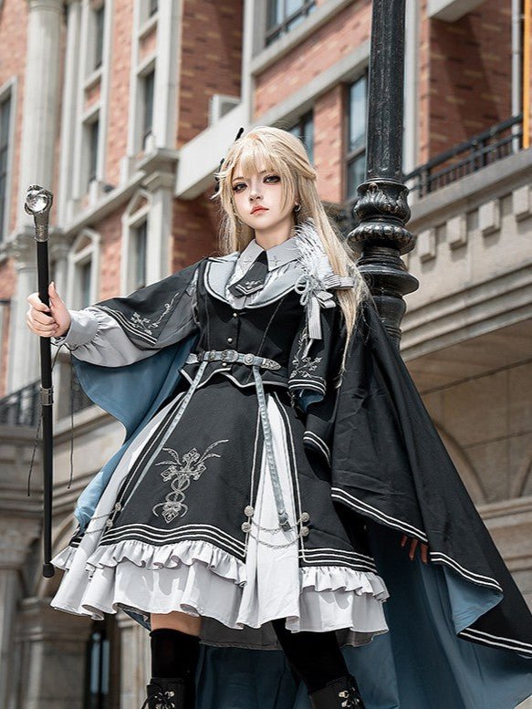 Night Pact Blue Military Lolita OP Dress - LolitaEraSK Skirt + Blouse + Vest + Belt + Tie)SNight Pact Blue Military Lolita OP Dress