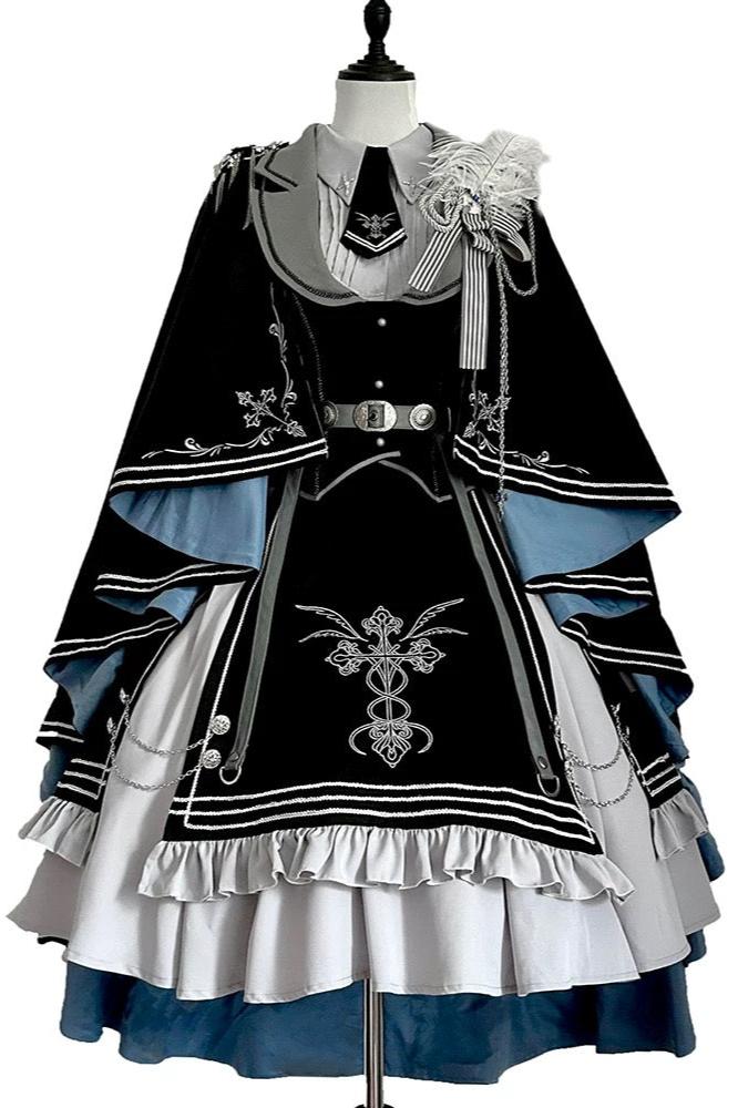 Night Pact Blue Military Lolita OP Dress - LolitaEraSK Skirt + Blouse + Vest + Belt + Tie)SNight Pact Blue Military Lolita OP Dress