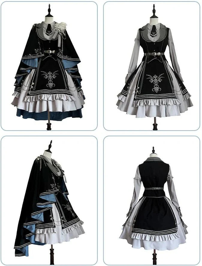 Night Pact Blue Military Lolita OP Dress - LolitaEraSK Skirt + Blouse + Vest + Belt + Tie)SNight Pact Blue Military Lolita OP Dress