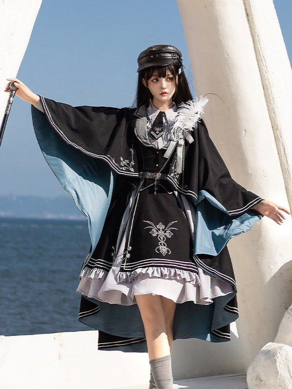 Night Pact Blue Military Lolita OP Dress - LolitaEraSK Skirt + Blouse + Vest + Belt + Tie)SNight Pact Blue Military Lolita OP Dress