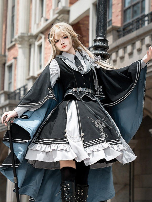 Night Pact Blue Military Lolita OP Dress - LolitaEraSK Skirt + Blouse + Vest + Belt + Tie)SNight Pact Blue Military Lolita OP Dress