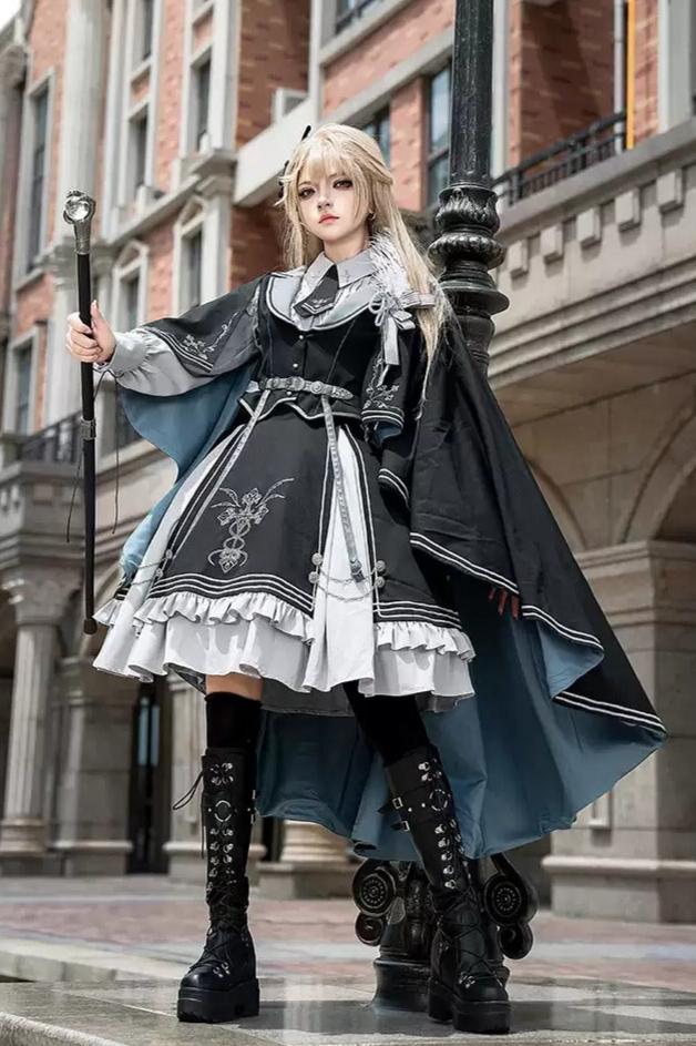 Night Pact Blue Military Lolita OP Dress - LolitaEraSK Skirt + Blouse + Vest + Belt + Tie)SNight Pact Blue Military Lolita OP Dress