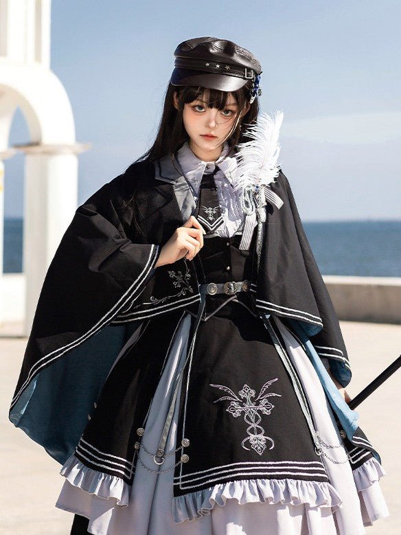 Night Pact Blue Military Lolita OP Dress - LolitaEraSK Skirt + Blouse + Vest + Belt + Tie)SNight Pact Blue Military Lolita OP Dress