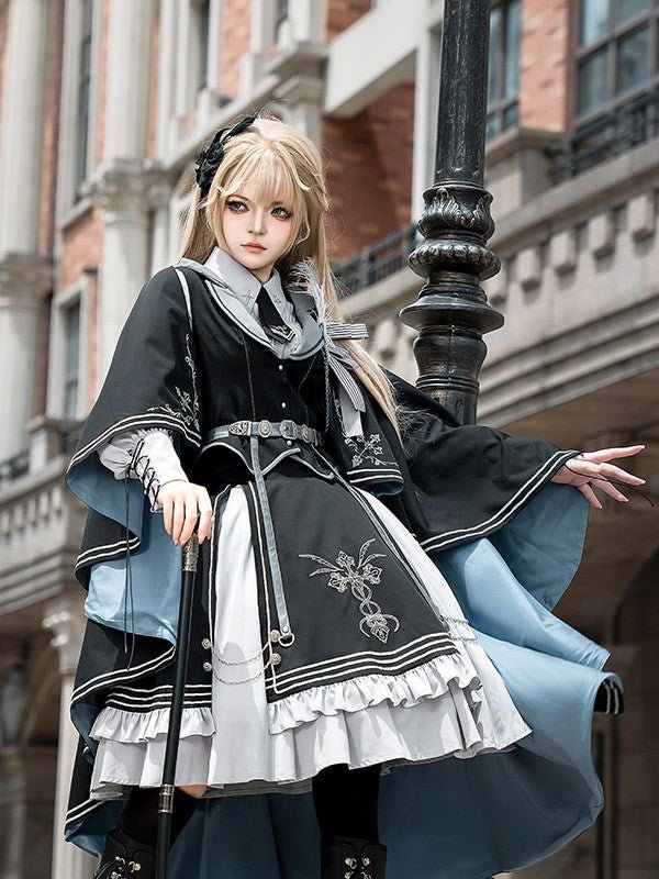 Night Pact Blue Military Lolita OP Dress - LolitaEraSK Skirt + Blouse + Vest + Belt + Tie)SNight Pact Blue Military Lolita OP Dress