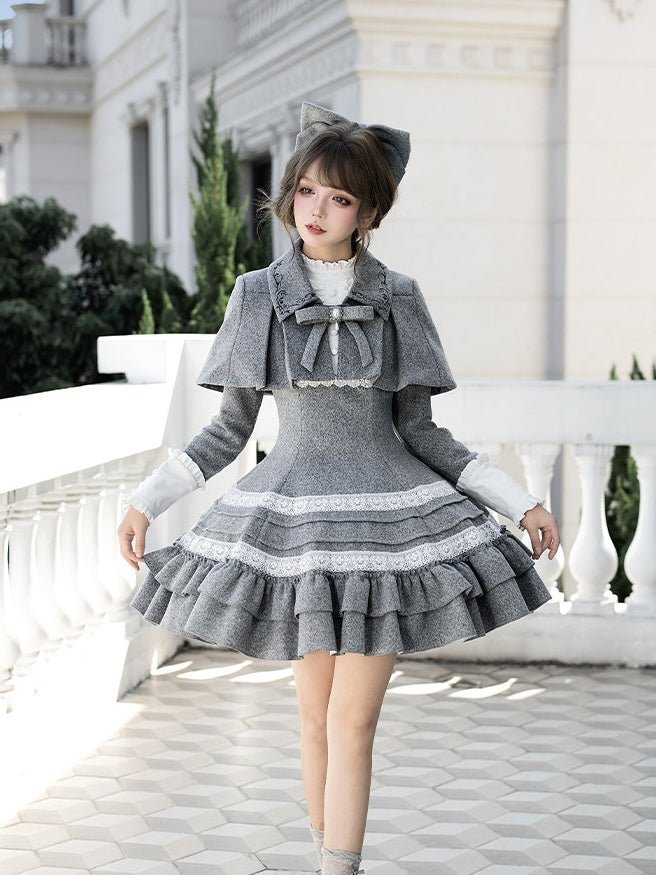Nostalgia Classic Cape Gray OP Dress Set 1321 - LolitaEraGray Short OP SetSNostalgia Classic Cape Gray OP Dress Set 1321