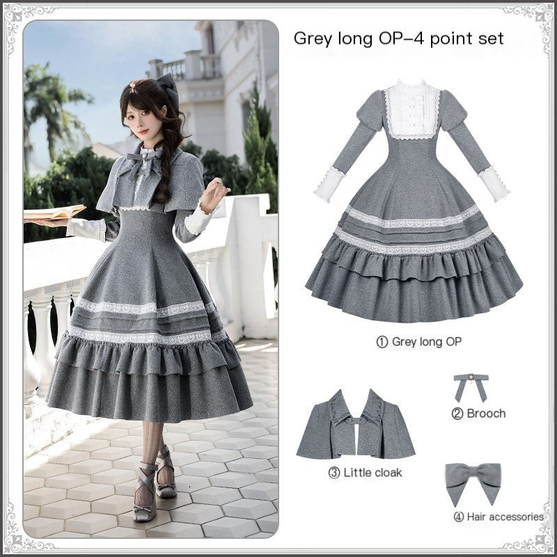 Nostalgia Classic Cape Gray OP Dress Set 1321 - LolitaEraGray Long OP SetSNostalgia Classic Cape Gray OP Dress Set 1321