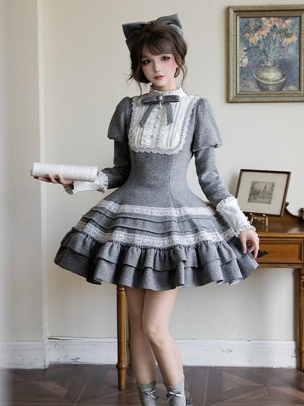 Nostalgia Classic Cape Gray OP Dress Set 1321 - LolitaEraGray Short OP SetSNostalgia Classic Cape Gray OP Dress Set 1321